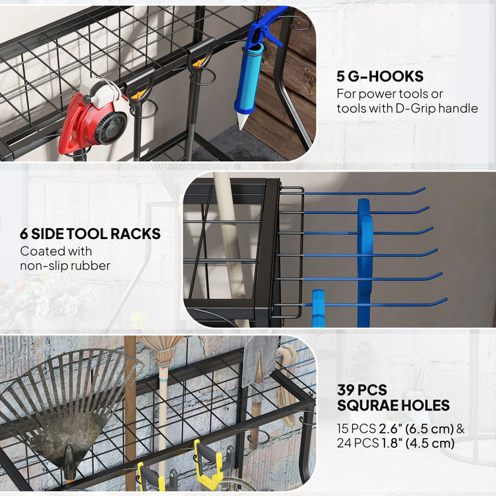 3-Tier Garden Tool Storage Rack — Wall-Mount Organiser with Hooks for Long-Handled Tools, Brooms & Shovels (Blue)