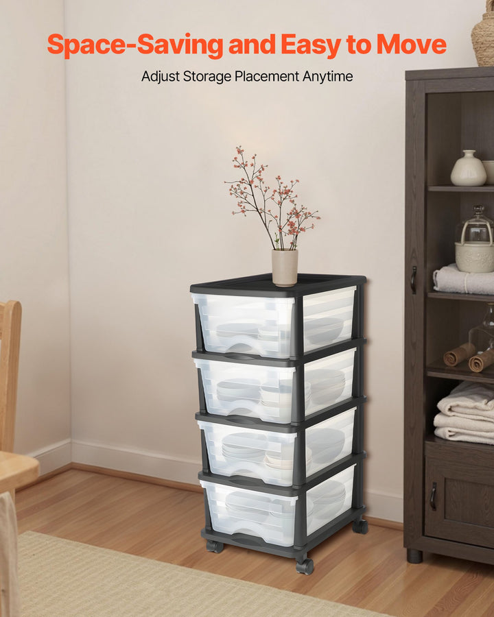 4-Drawer Rolling Storage Cart — Clear Bin Plastic Organizer on Wheels for Office, Craft Room & Classroom