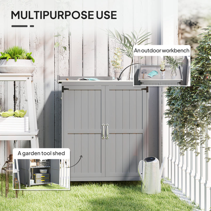 Outdoor Potting Bench & Garden Storage Cabinet — Metal Tabletop, Shelf & 2-Door Wooden Cabinet (Gray)