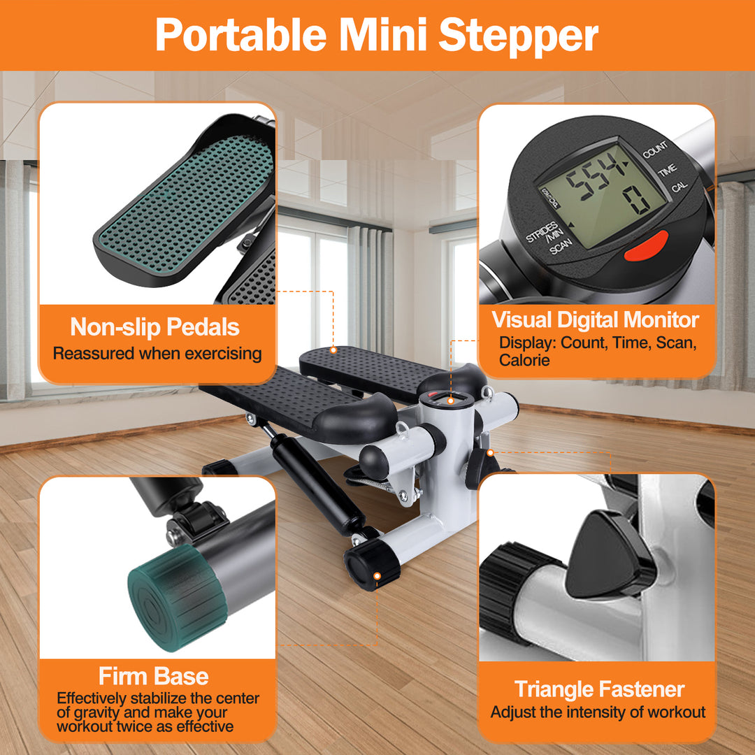 Mini Fitness Stepper — 2 Resistance Bands, LCD Monitor, 330lb Max Load, Quiet Stair Stepper for Home Exercise (Grey)