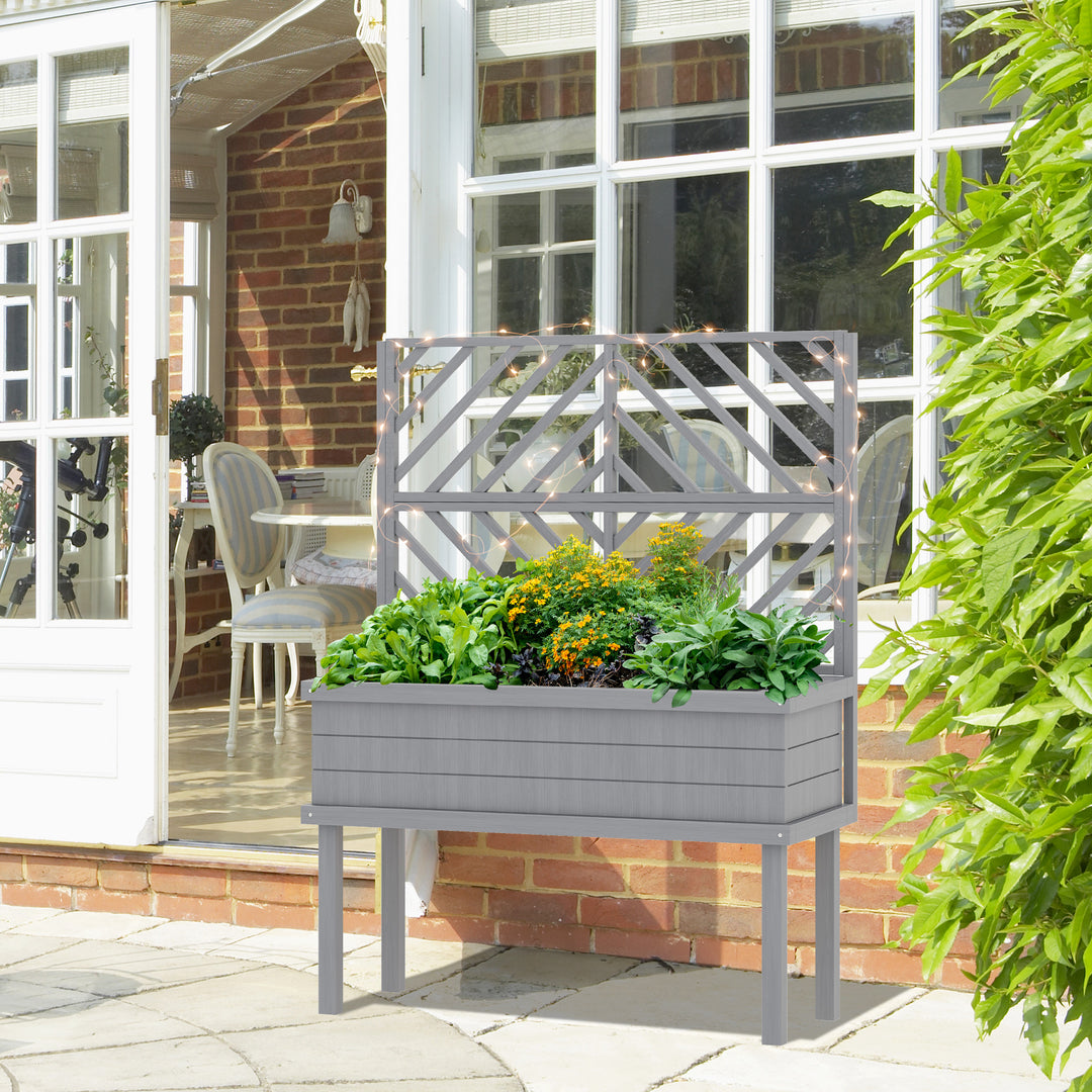 Elevated Wood Planter with Trellis for Climbing Plants, Raised Garden Bed with Legs and Drainage Holes, Gray
