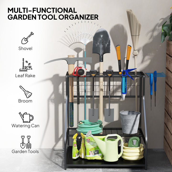 3-Tier Garden Tool Storage Rack — Wall-Mount Organiser with Hooks for Long-Handled Tools, Brooms & Shovels (Blue)