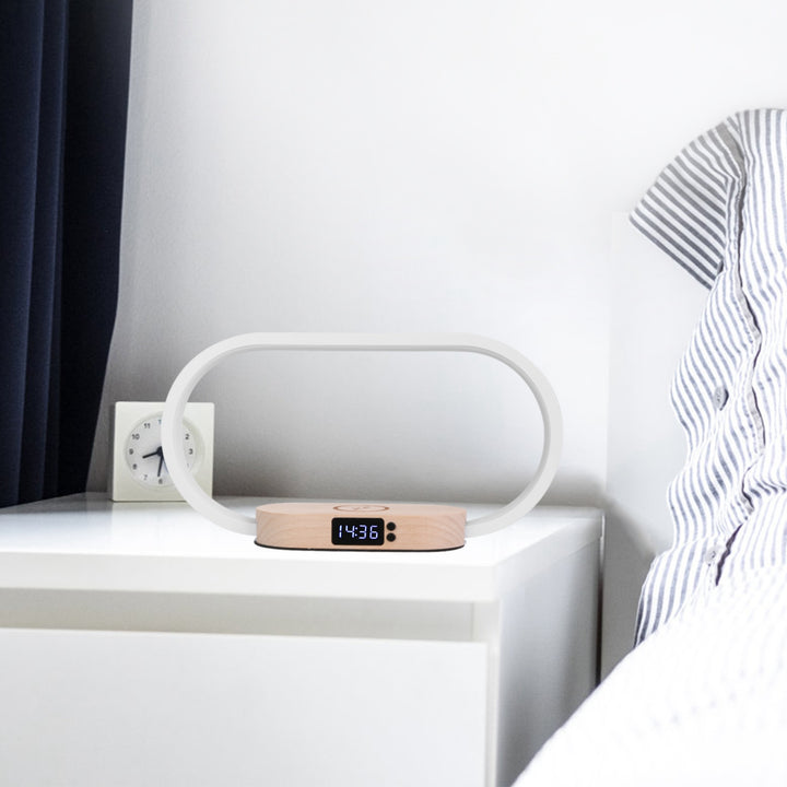 Bedside Table Lamp with Touch Control, Clock, Wireless Charging & Dimmable LED — Nightstand Reading Lamp (White)