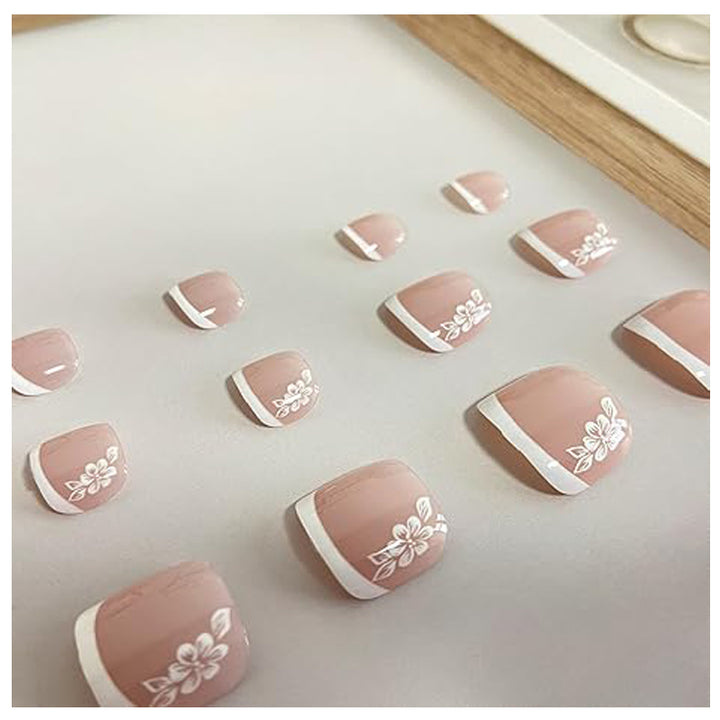 24PCS White Flowers Press On Toenails, French Tip Short Square Fake Toe Nails Full Cover ,Glue On Toenails Floral Designs False Toe Nails For Women Stick On Toenails