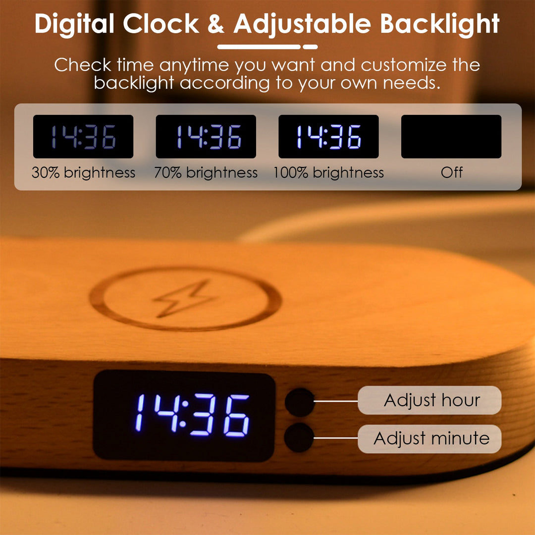 Bedside Table Lamp with Touch Control, Clock, Wireless Charging & Dimmable LED — Nightstand Reading Lamp (White)
