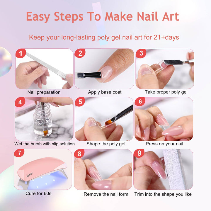 6-Piece Poly Gel Nail Extension Kit With UV Lamp — Builder Gel, 100 Dual Forms, Top & Base Coat