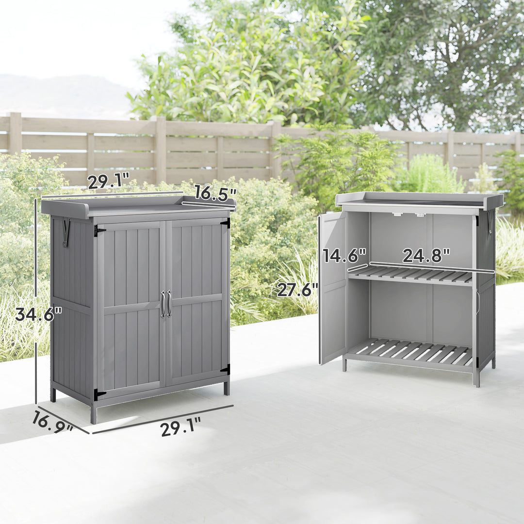 Outdoor Potting Bench & Garden Storage Cabinet — Metal Tabletop, Shelf & 2-Door Wooden Cabinet (Gray)