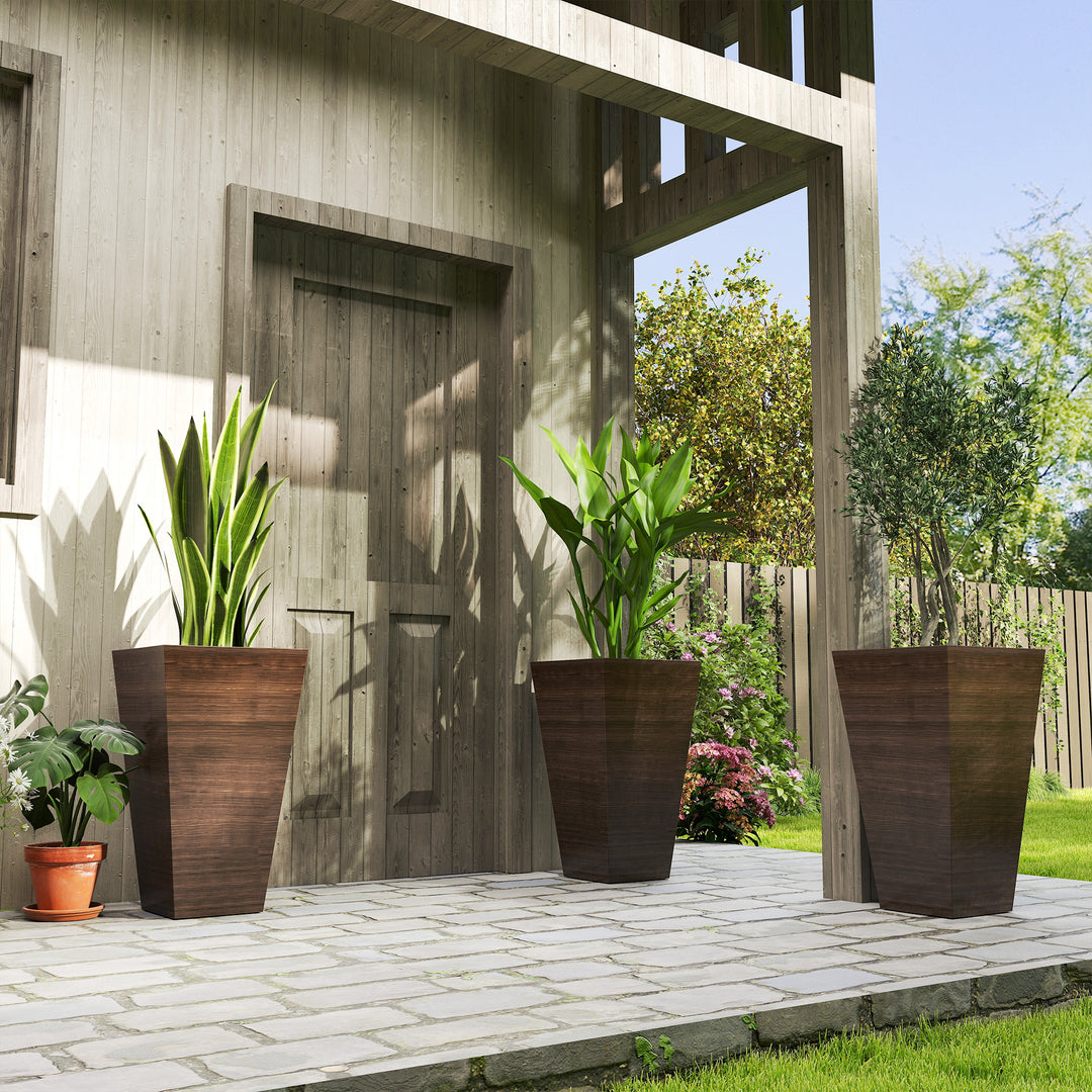 Set of 3 Tall 28in Faux Wood Outdoor Planters — Drainage Holes, Natural Texture Plastic Flower Pots (Brown)