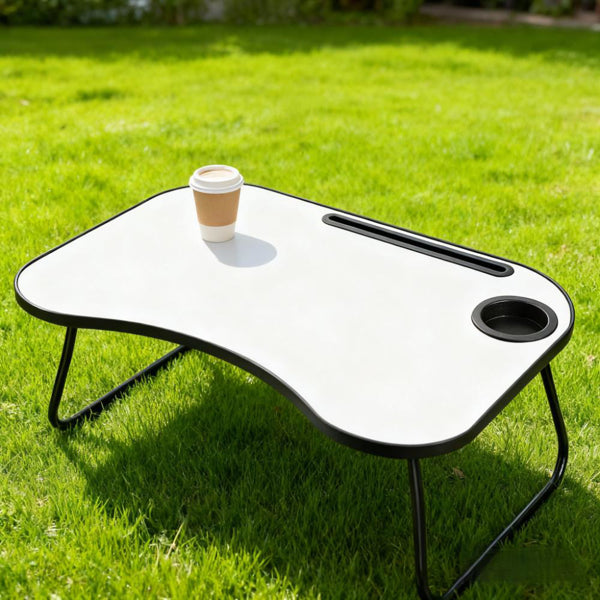 Portable Foldable Laptop Desk — 26.5×18.5in Metal & Wood with Cup Holder for Bed, Car, Couch & Outdoor Use (Grey/White)