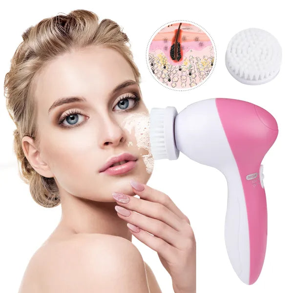 Waterproof Electric Facial Cleansing Spin Brush — 5 Interchangeable Brush Heads for Women (Pink)