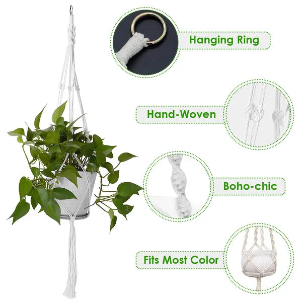 40in Cotton Rope Plant Hangers — Set of 2 or 4, Macramé 4-Leg Hanging Flowerpot Net Bag for Indoor & Outdoor Plants