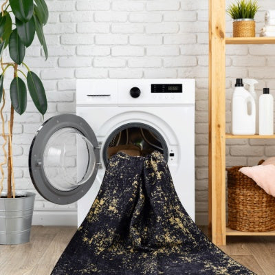 LOOM LUXE 5×8 ft Washable Area Rug — Low-Pile, Non-Slip, Non-Shedding, Foldable, Kid & Pet Friendly (Black / Cream)