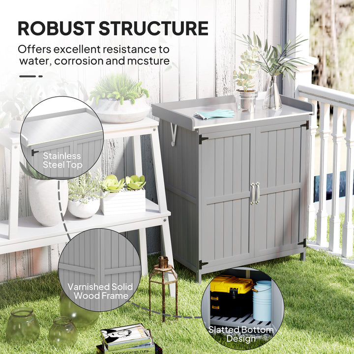 Outdoor Potting Bench & Garden Storage Cabinet — Metal Tabletop, Shelf & 2-Door Wooden Cabinet (Gray)