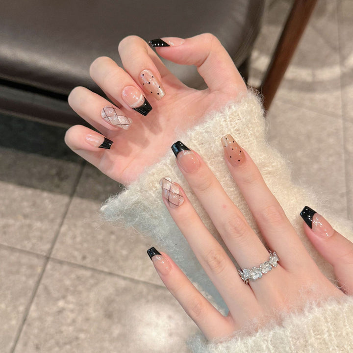 French Black Edge Handmade Press-On Nails — Classic Style, XS–L, 3 Shapes Available