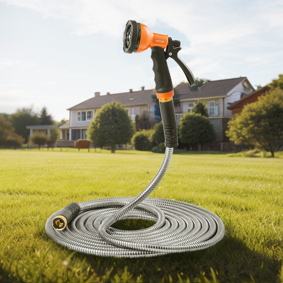 150ft Lightweight Stainless Steel Garden Hose — No-Kink Metal Water Hose for Large Gardens
