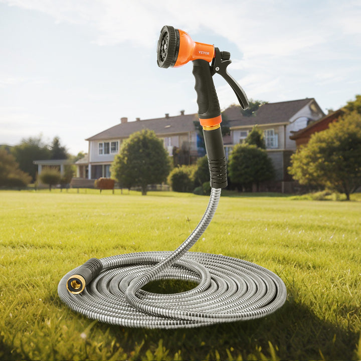 150ft Lightweight Stainless Steel Garden Hose — No-Kink Metal Water Hose for Large Gardens