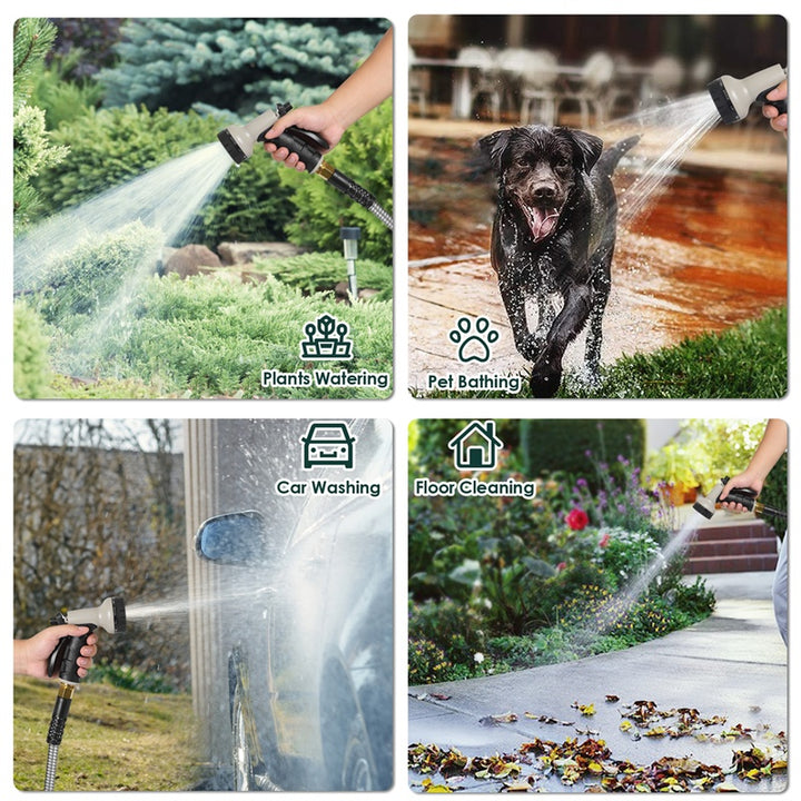 100ft Stainless Steel Metal Garden Hose — Flexible, Kink-Free, with 10-Pattern Spray Nozzle & 2 Nozzles