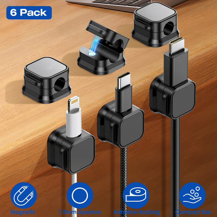 6-Pack Magnetic Cable Clips — Adhesive Wire & Cord Organizer for Desk, Nightstand, Car & Wall (Home & Office)