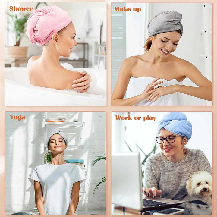 3-Pack Microfiber Hair Towel Wraps — Ultra-Absorbent Turbans for Curly, Long & Thick Hair (Blue, Grey & Pink)