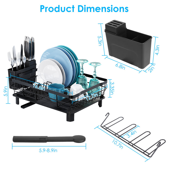 Dish Drying Rack with Drain Board — Utensil Holder & Tableware Organizer for Kitchen Countertop (Black)