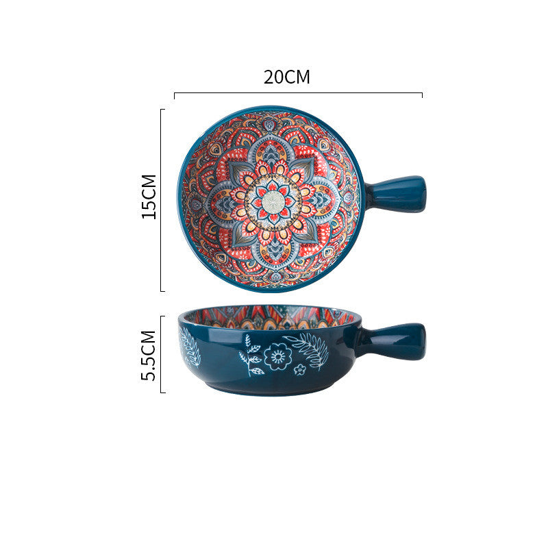 Glazed Salad & Dessert Bowl with Handle — Household Ceramic Serving Bowl (Blue, Green & Red Glaze)