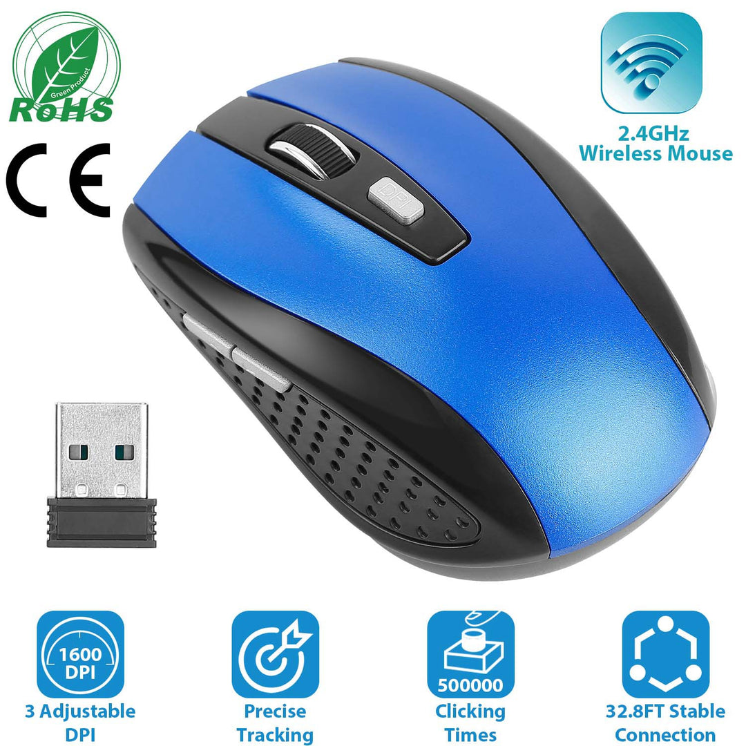 2.4G Wireless Gaming Mouse — 6-Button Optical Mouse, 3 Adjustable DPI, USB Receiver for PC, Laptop & Mac (Blue/Red)
