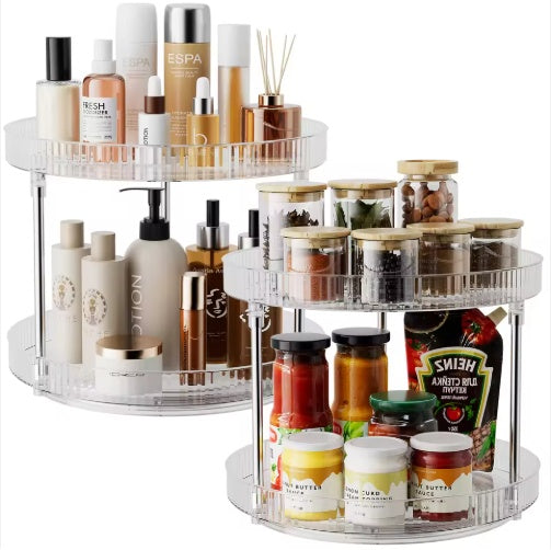 2-Pack Double-Layer Rotating Spice Rack — Turntable Spinning Organizer for Kitchen Countertop & Cabinet (Transparent)