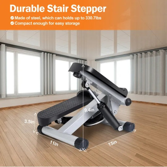 Mini Fitness Stair Stepper for Women — 2 Resistance Bands, LCD Monitor, 330lb Capacity, Quiet Home Cardio Machine (Grey)