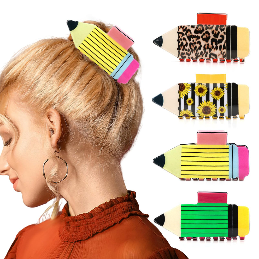 4-Piece Pencil Hair Claw Clips for Women — Non-Slip Sunflower & Leopard Print, Thick & Thin Hair