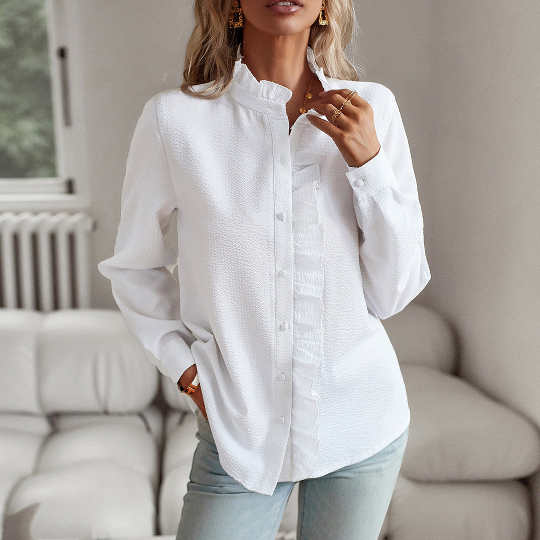 Women's Striped Ruffle Button-Up Blouse – Long Sleeve Office & Casual Shirt