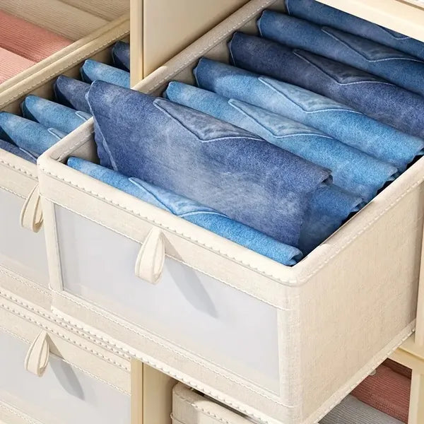 Foldable Clothes Storage Box With Viewing Window - Heavy-Duty Organizer Box, Stackable Closet Organizer For Wardrobe, Under-Bed, Shelf - Space-Saving Closet Storage Solution In Nano White -Linen Style