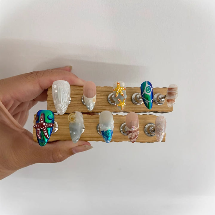3D Hand-Painted Underwater World Long Press-On Nails — Almond Shape, Ocean Motif, Sizes XS–L (Set B)