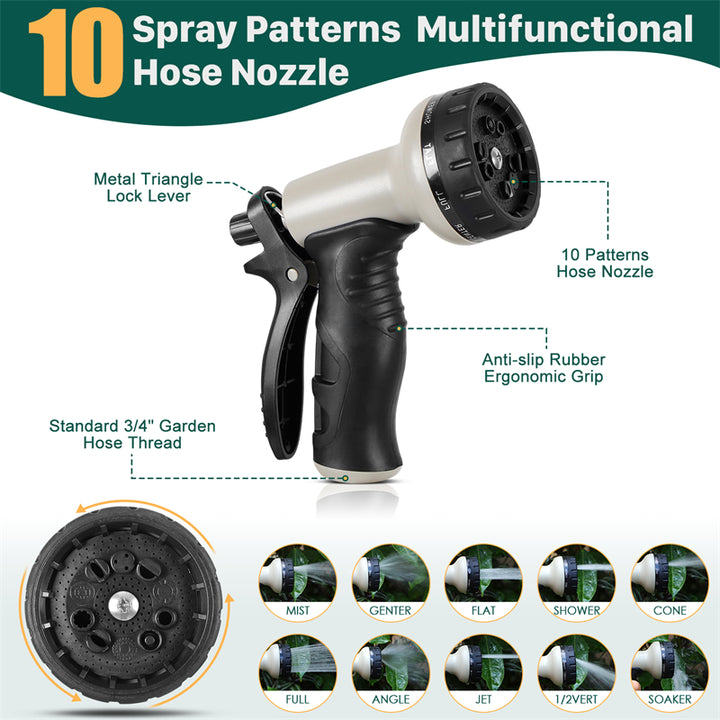 100ft Stainless Steel Metal Garden Hose — Flexible, Kink-Free, with 10-Pattern Spray Nozzle & 2 Nozzles