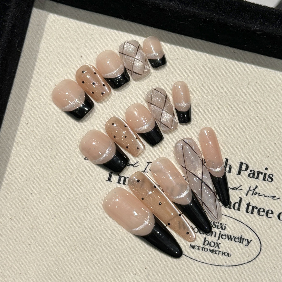 French Black Edge Handmade Press-On Nails — Classic Style, XS–L, 3 Shapes Available