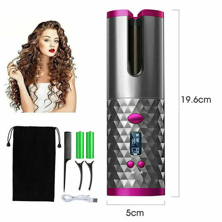 LCD Cordless Auto-Rotating Ceramic Hair Curler — Wireless Waver Curling Iron