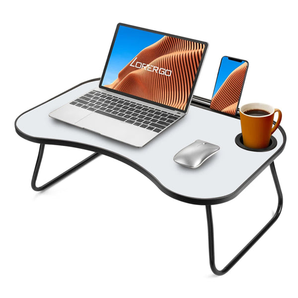 Portable Foldable Laptop Desk — 26.5×18.5in Metal & Wood with Cup Holder for Bed, Car, Couch & Outdoor Use (Grey/White)