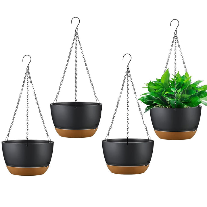 4-Pack 9.64in Hanging Planters — Self-Watering Tray, Drainage Holes, for Indoor & Outdoor Herbs, Ivy & Ferns (Grey)