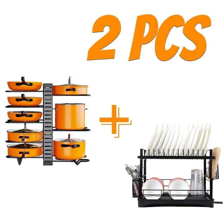 Upgraded 2 Piece Cookware Set Organizer Rack And Dish Drying Rack 8 Tier Pot And Pan Organizer For Kitchen Counter
