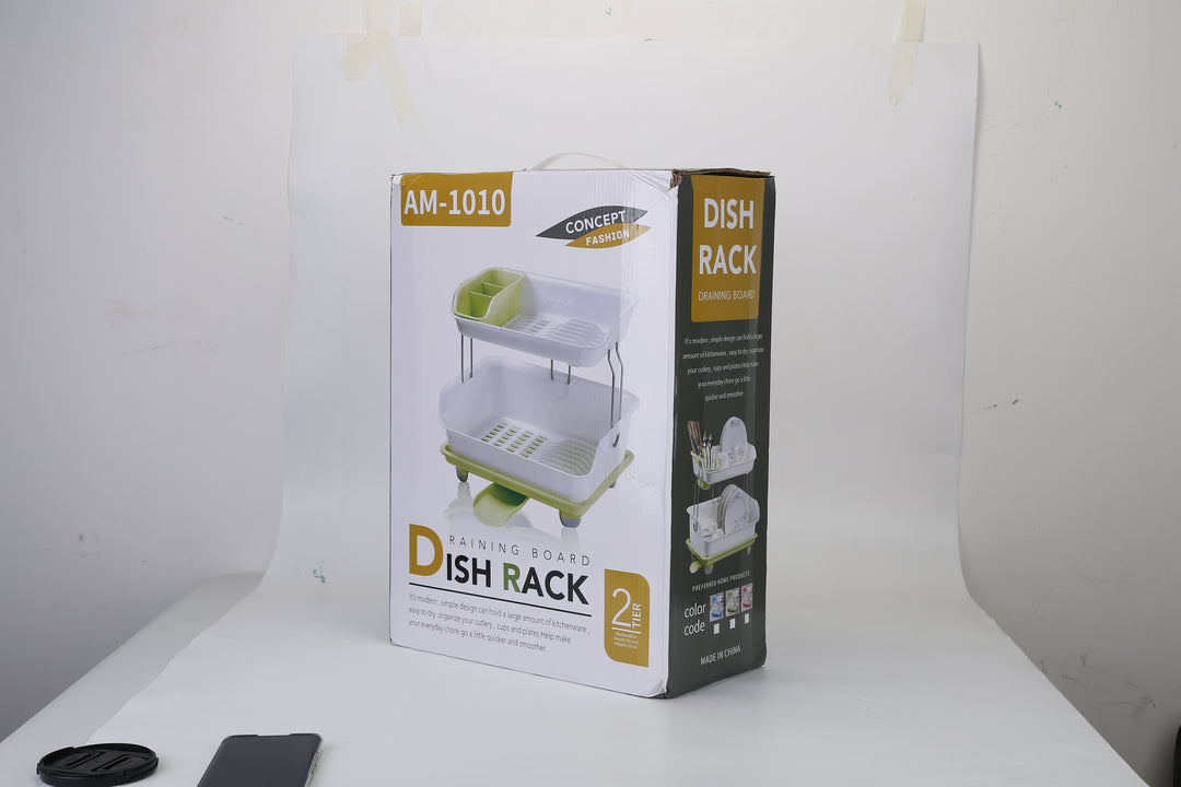 2-Tier Dish Drying Rack — Cutlery Drainer, Holder & Kitchen Storage Shelf (Green & White)