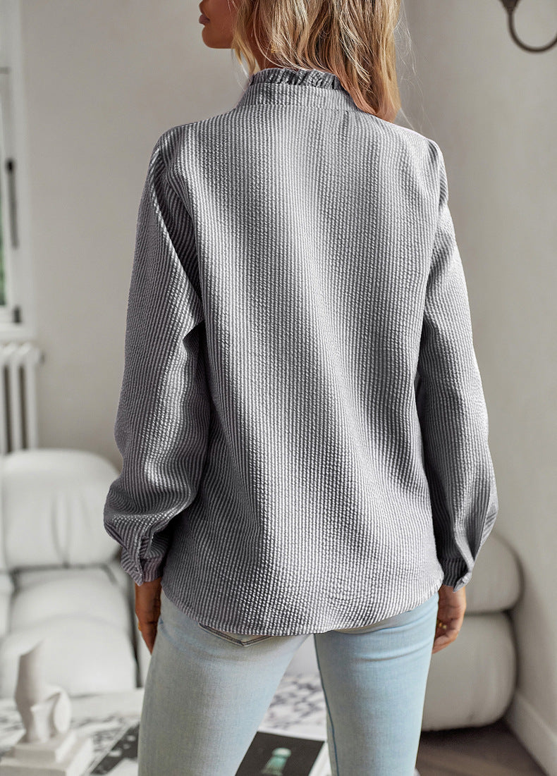 Women's Striped Ruffle Button-Up Blouse – Long Sleeve Office & Casual Shirt