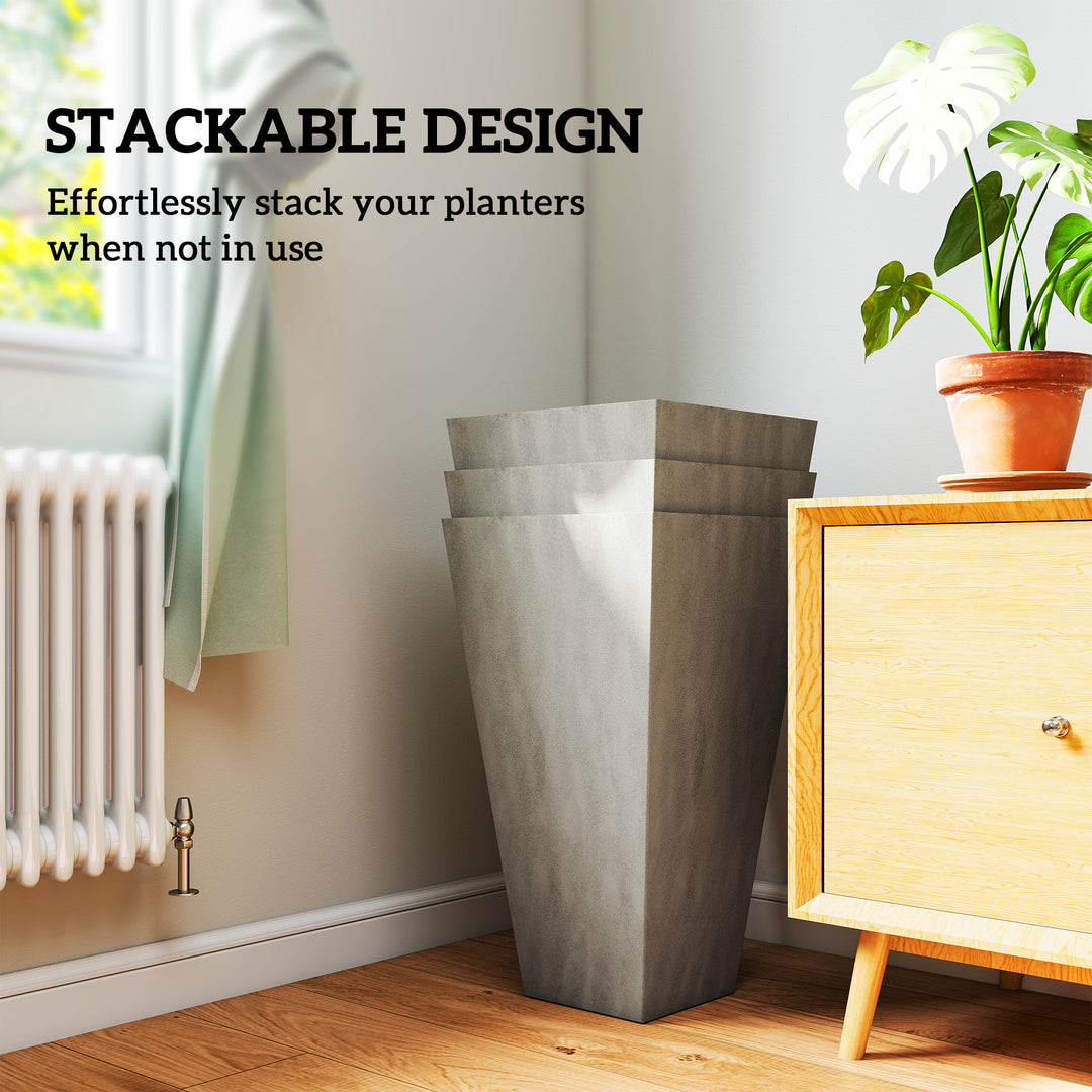 Set of 3 Grande 28in Tall Outdoor Planters — Tapered with Drainage Holes, Front Porch & Patio Décor (Grey)