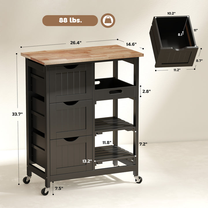 Rolling Kitchen Cart, Kitchen Island with Wood Top, Shelves & Drawers for Dining Area, Black