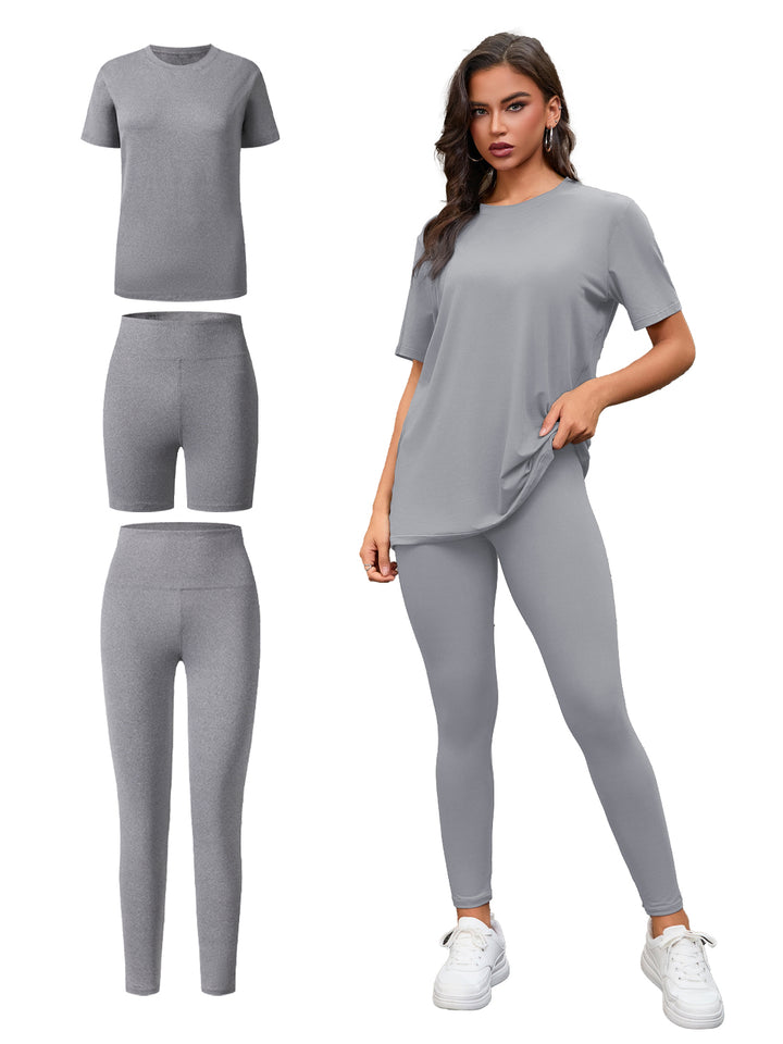 Women's 3-Piece Lounge Set – Short Sleeve Round Neck Top with Shorts & Pants