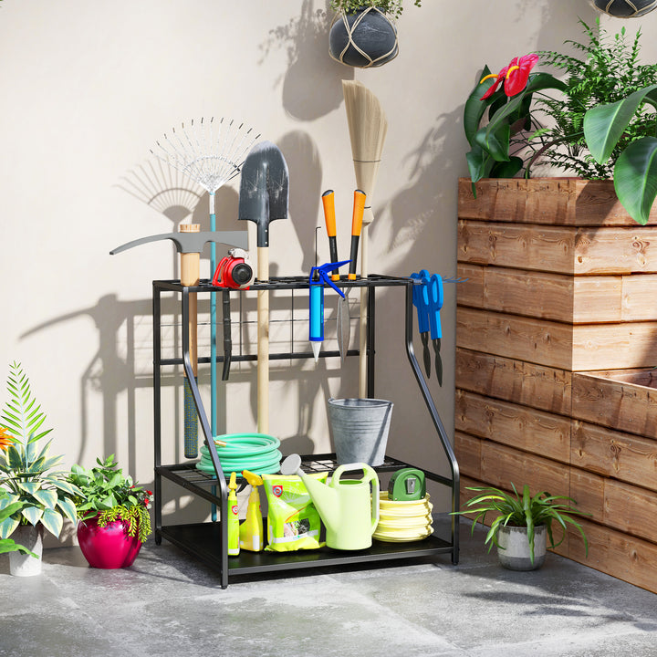 3-Tier Garden Tool Storage Rack — Wall-Mount Organiser with Hooks for Long-Handled Tools, Brooms & Shovels (Blue)