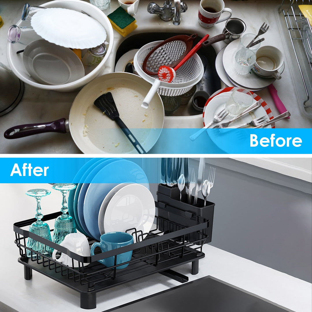 Dish Drying Rack with Drain Board — Utensil Holder & Tableware Organizer for Kitchen Countertop (Black)