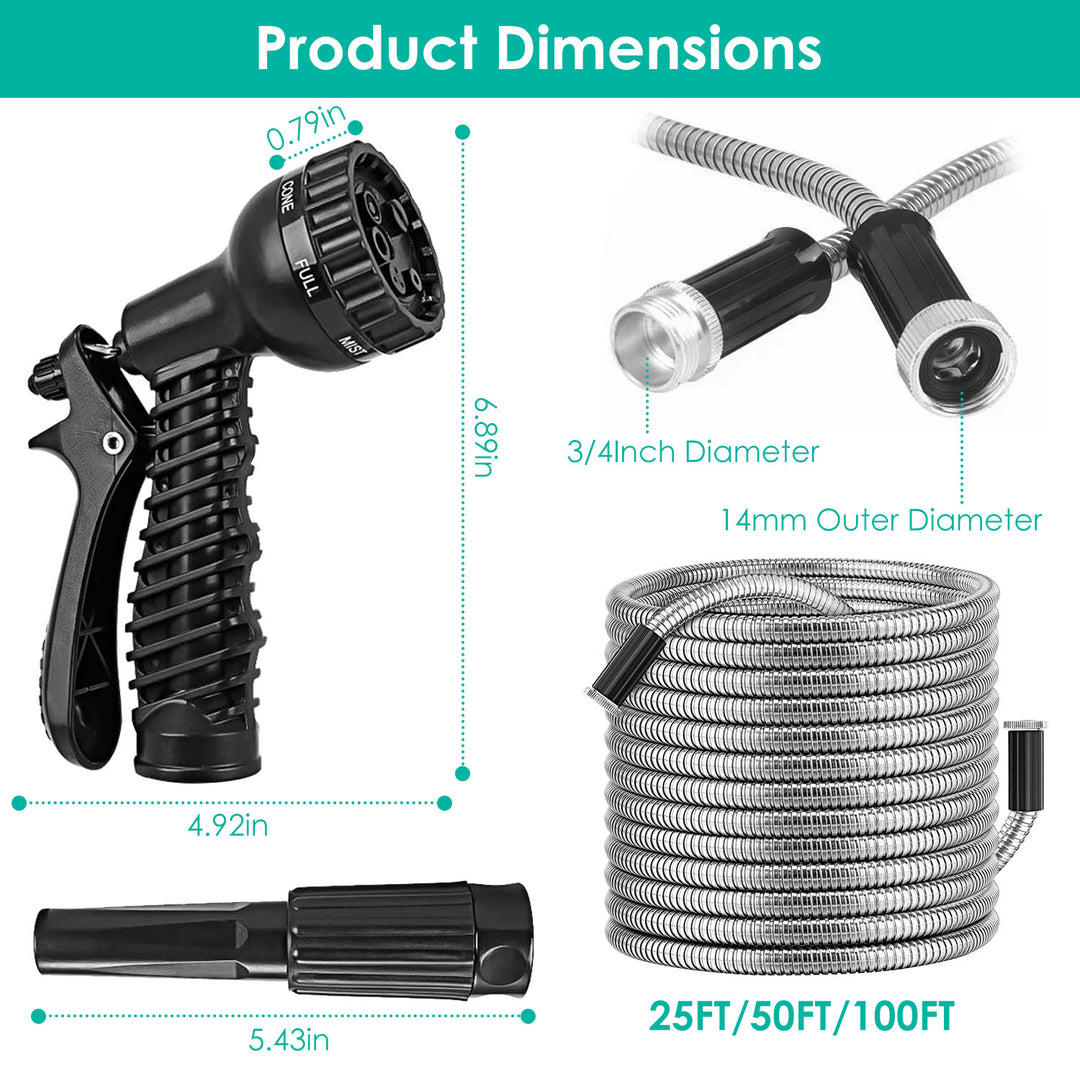 Heavy Duty Stainless Steel Garden Hose Kit — 25ft / 50ft / 100ft, Kink-Free, 12-Pattern Nozzle, Dog-Proof (2 Nozzles)