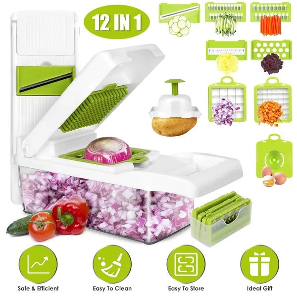 12-in-1 Vegetable Chopper with Container — Kitchen Food Slicer, Dicer & Grater Set