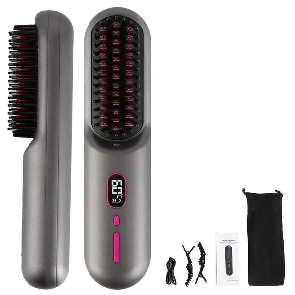 Cordless Negative Ion Hair Straightener Brush — 12 Heating Levels, 30s Heat-Up, 4800mAh, LCD Display