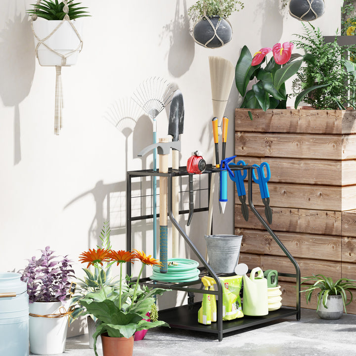 3-Tier Garden Tool Storage Rack — Wall-Mount Organiser with Hooks for Long-Handled Tools, Brooms & Shovels (Blue)