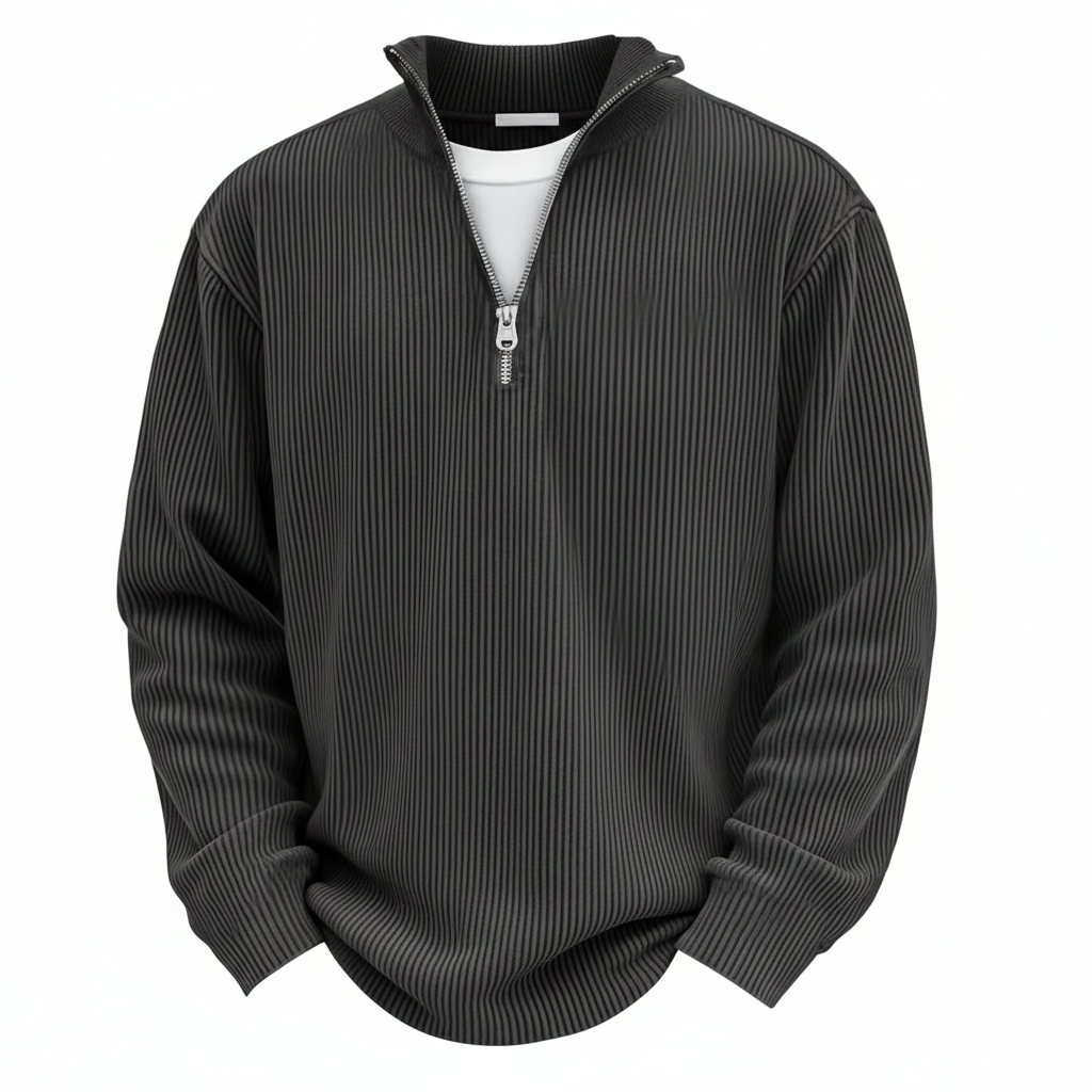 Corduroy Zipper Stand Collar Sweatshirt Fashion Warm Solid Color Long Sleeve Top Men's Casual Polo Shirt Clothing